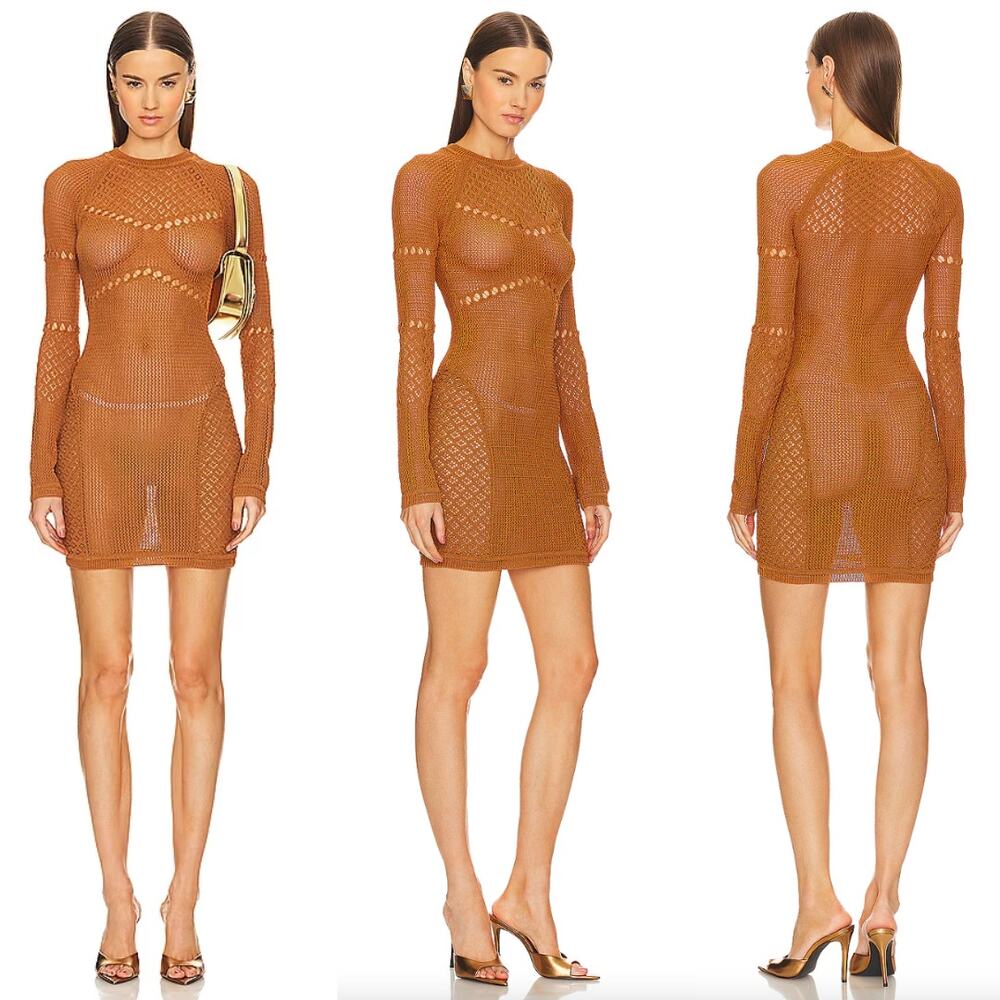 Michael Costello x REVOLVE | Allegra Mini Dress in Copper Brown Crochet Cover Up